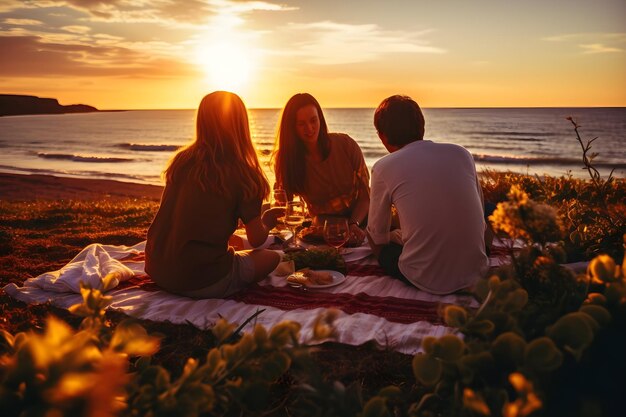 Family Enjoying Beach Picnic at Sunset