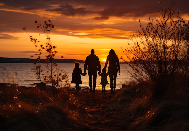 A family enjoying a beautiful sunset walk on the beach A family walking along the beach at sunset