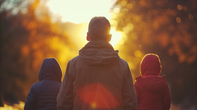 Family enjoying a beautiful sunset walk in nature