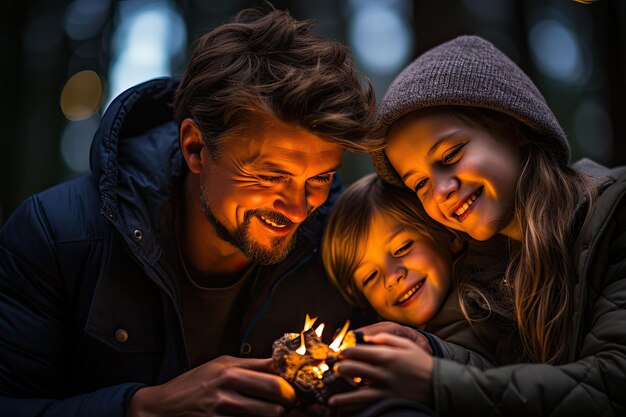 Family enjoying a campfire in a dense forest