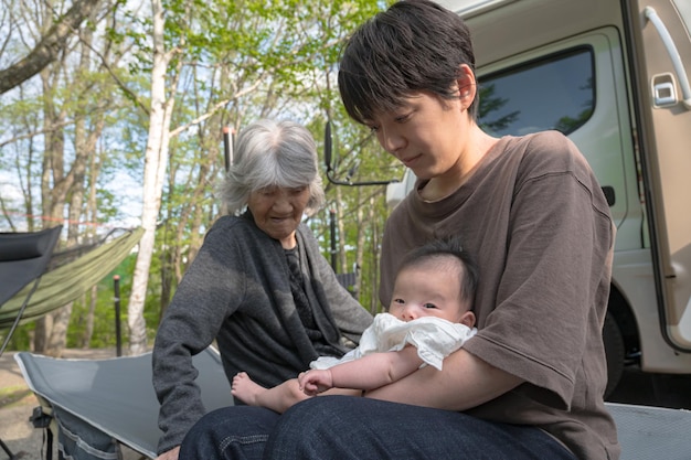 Family enjoying camping