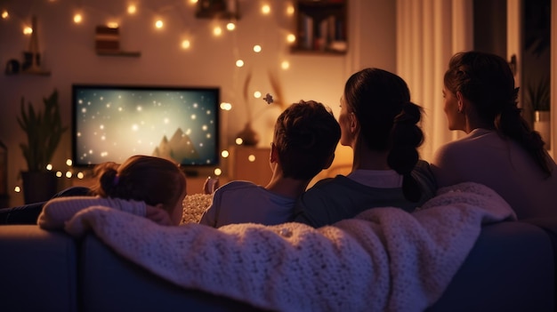 Photo family enjoying dark room on hardwood couch for tv event aig