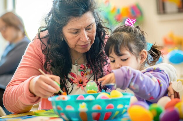 Foto famiglia che si diverte con l'artigianato e le attività pasquali