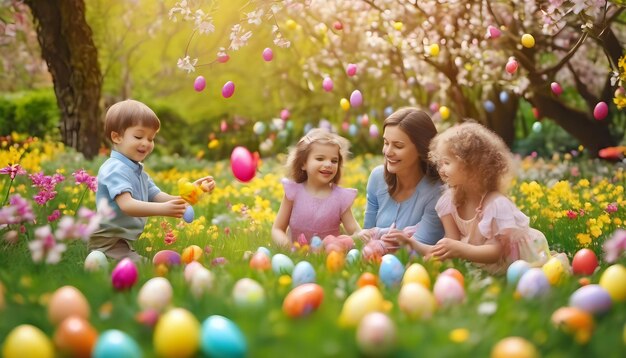 A family enjoying an easter egg hunt in a blooming garden with hidden colorful eggs among the flow