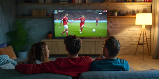 Family enjoying football game on TV at home cozy living room interior evening with loved ones casual lifestyle AI