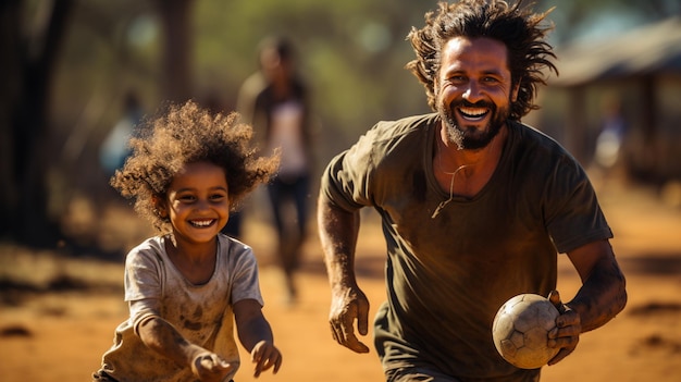 Family Enjoying A Game Of Football In The Fields Of