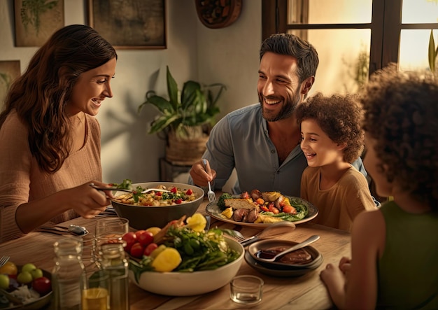 Foto una famiglia che gusta un pasto mediterraneo con hummus come antipasto