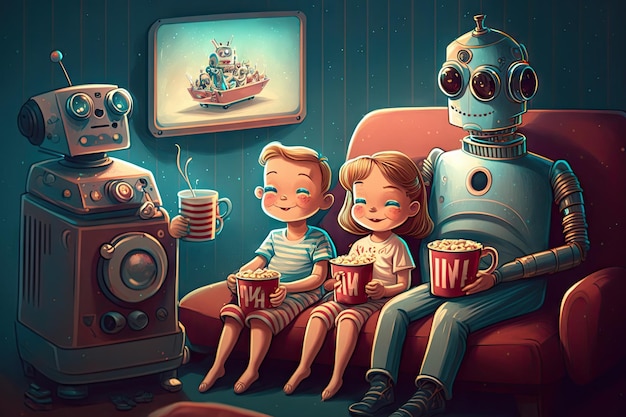 Family enjoying movie night with cute robot serving popcorn and drinks created with generative ai