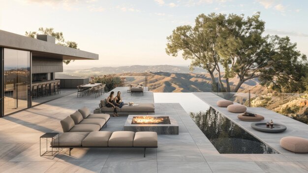 Photo a family enjoying outdoor living in a minimalist patio with sleek furniture a fire pit and panoramic views of the surrounding landscape
