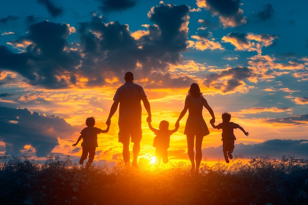 A family enjoying a peaceful evening stroll through a golden field as the sun sets