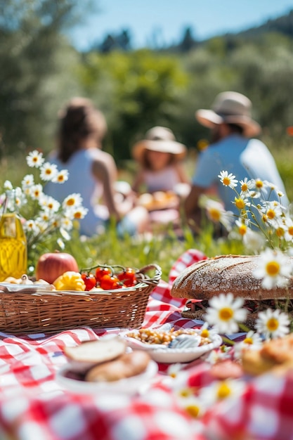 a family enjoying a picnic in a blooming meadow