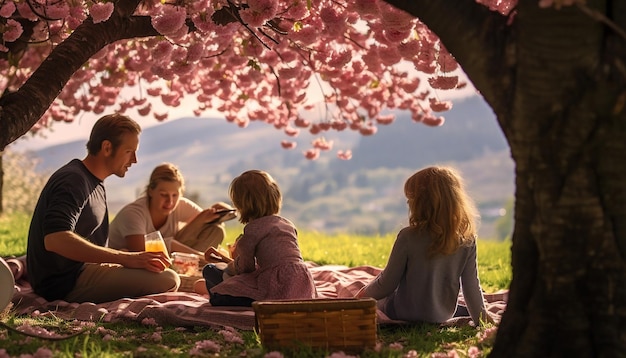 a family enjoying a picnic under blooming trees