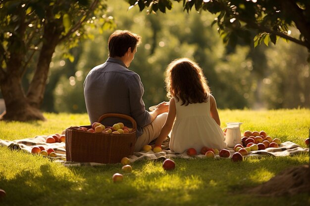 A family enjoying a picnic under a canopy of apple trees