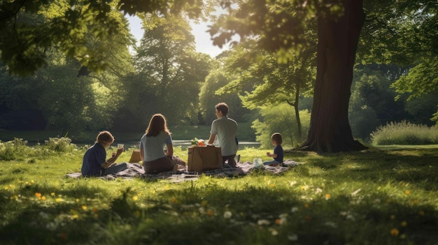 地球の日に公園でピクニックを楽しんでいる家族