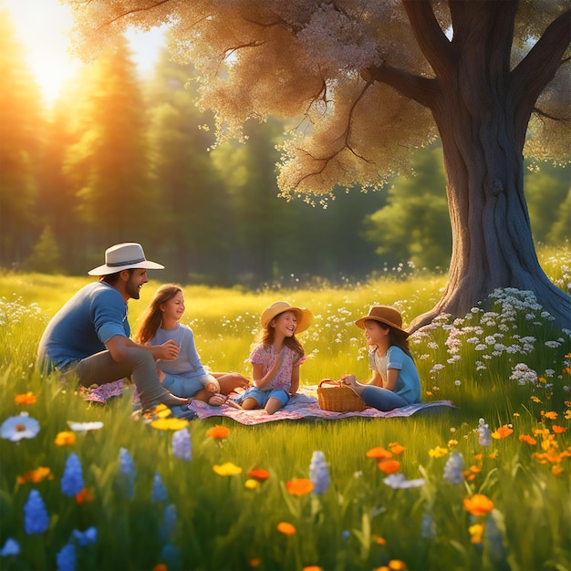 く野花に囲まれた美しい草原でピクニックを楽しんでいる家族柔らかい日光