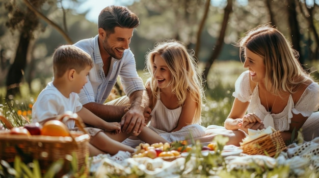 Photo family enjoying picnic in woods