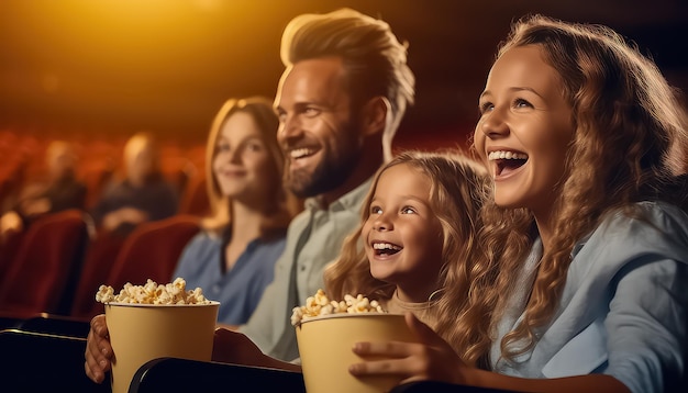 映画館でポップコーンを楽しむ家族