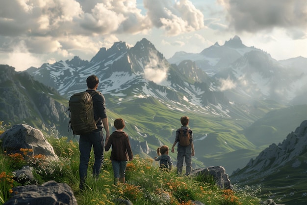 Foto famiglia che si diverte a fare un'escursione panoramica