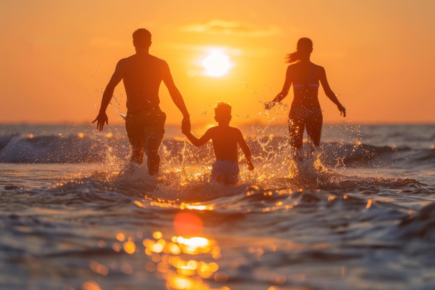 Foto famiglia che si gode il tramonto sulla spiaggia