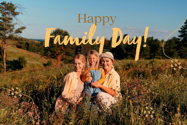 Семья, наслаждающаяся временем вместе на открытом воздухе с баннером "Счастливый семейный день"