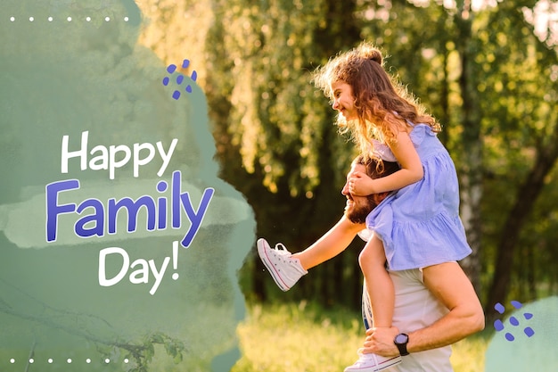 Family enjoying time together outdoors with happy family day banner