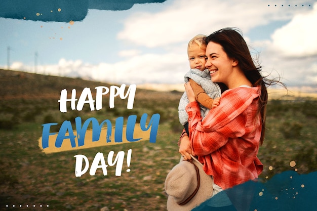 Foto famiglia che si diverte insieme all'aperto con lo striscione del giorno della famiglia felice