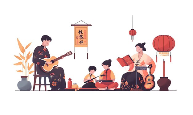 Photo family enjoying a traditional chinese music performance desi lunar asian 2d flat art collage tshirt