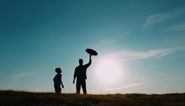 Family enjoys outdoor tennis silhouettes against sunset generated by AI