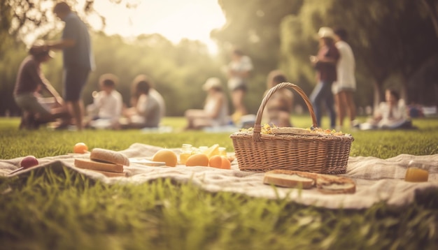 AI が生成した食べ物を共有しながら自然の中でピクニックを楽しむ家族
