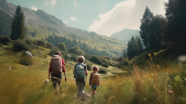 The family enjoys a scenic mountain hike taking in the beauty of the natural world while bonding over physical activity and shared experiences Generated by AI