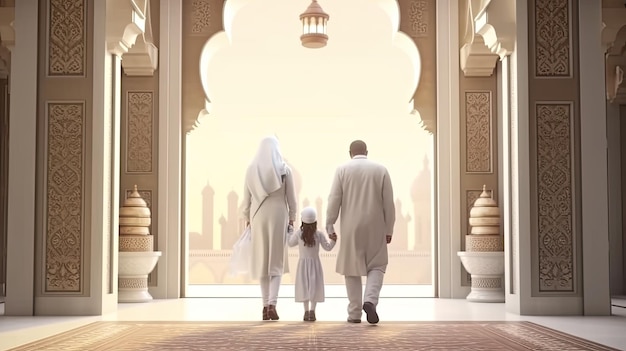 モスクに入る家族