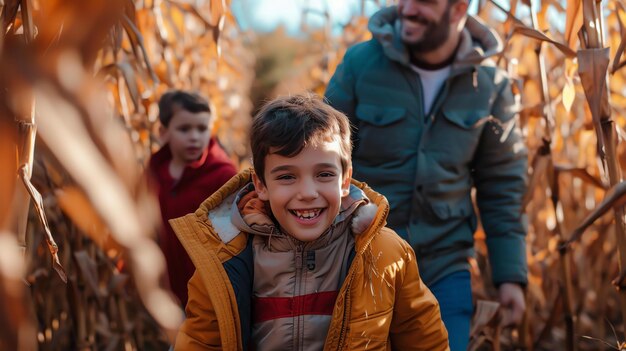 Family exploring a corn maze in the fall