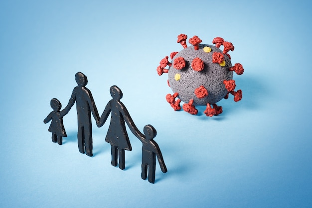 Family facing the threat of coronavirus infection. COVID-19 pandemic. Social distancing concept