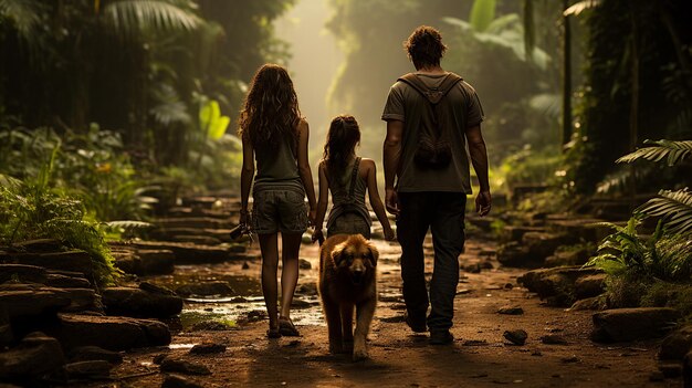 Foto famiglia e cani da fattoria che camminano attraverso un lussureggiante