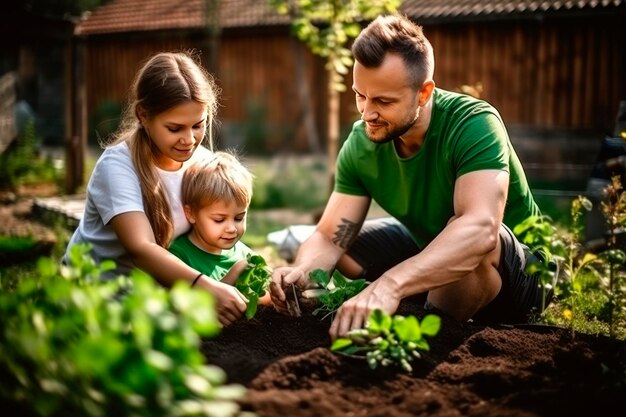 family father daughter and son a boy and a girl are planting plants and vegetables