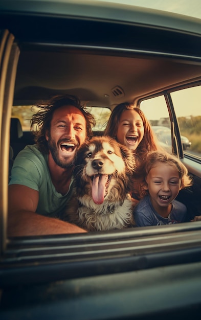 Photo family father with two daughters and a pet dog travel by car and have fun on the way to vacation