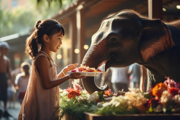 Family feeding elephant in zoo Children feed Asian