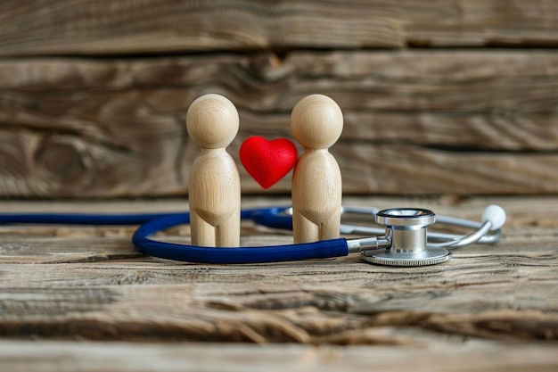 Photo family figure with stethoscope and heart on wooden back