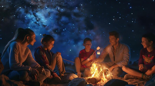 Photo a family of five is camping together they are sitting around a campfire roasting marshmallows and telling stories the night sky is full of stars