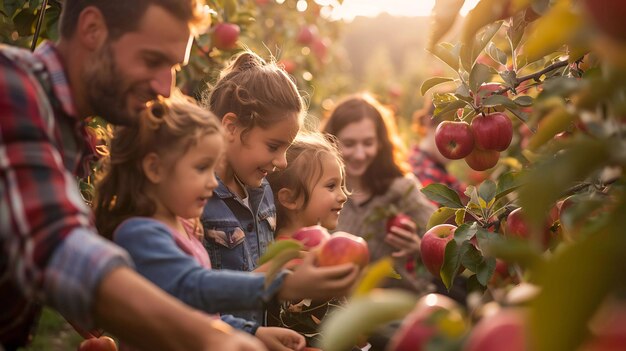 A family of five is picking apples in an orchard The sun is shining through the trees The parents are smiling and the children are laughing