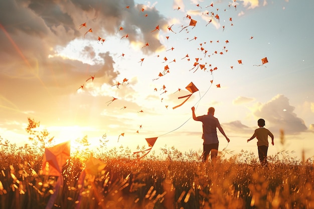 A family flying kites in a field