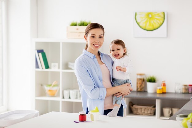 family, food, eating, motherhood and people concept- happy mother and little baby girl at home kitchen
