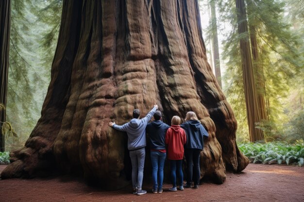 Family at the foot of a huge tree embracing him