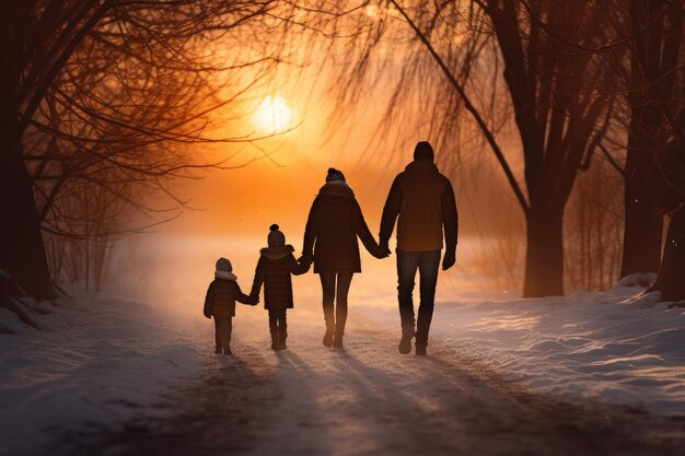 Family forest winter sunset life Active nature Generate Ai