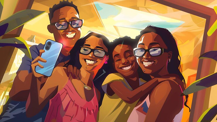 Photo a family of four all wearing glasses smiles for a selfie