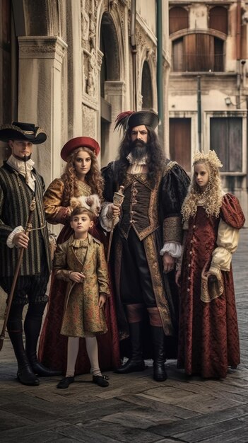 Photo a family of four are standing in front of a building