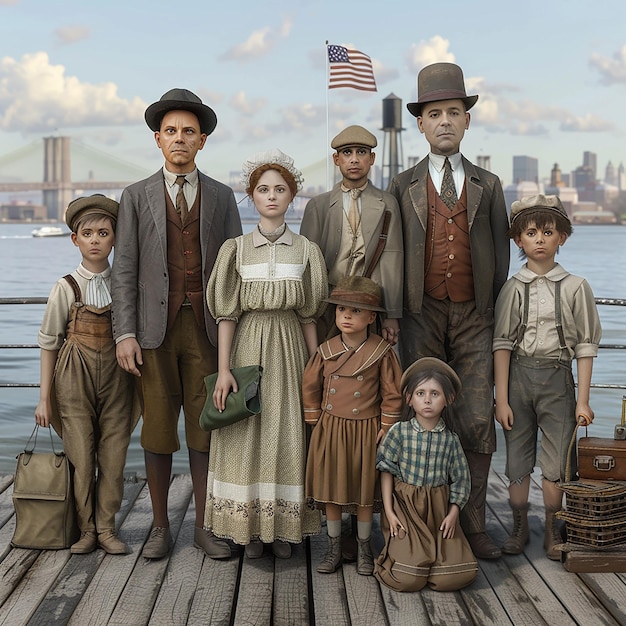 Photo a family of four dressed in old fashioned clothes stands on a pier