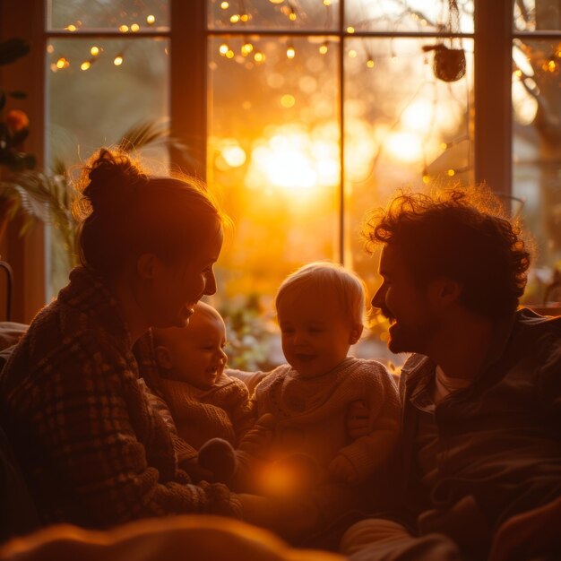 Четырехчленная семья наслаждается закатом солнца