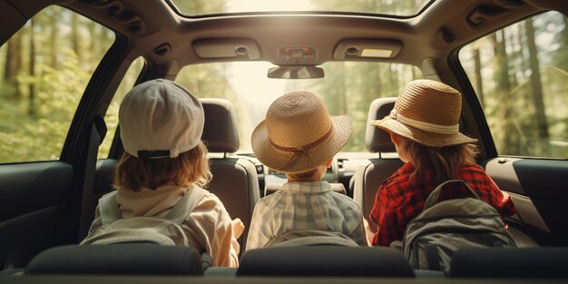 4 人家族が新しい車でドライブ旅行を楽しんでおり、子供たちを後部座席に乗せています