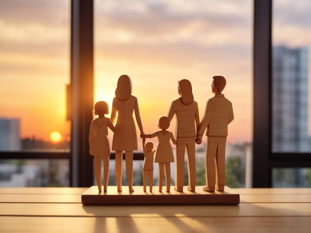 Photo a family of four figurines stand on a table in front of a window with the sun setting behind them